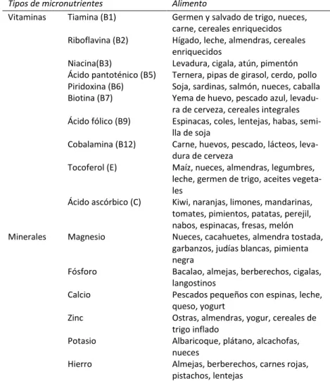 Tabla 2.2. Clasificación de micronutrientes y alimentos que los contienen 