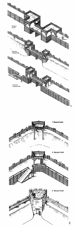 Fig. 2. 1: Puertas en madera y en tierra de los campamentos de Rödgen y de Künzing (Johnson); 2: Evolución de 