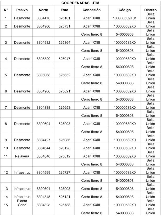 Tabla N° 1  Inventario de los PAMs de la antigua mina 