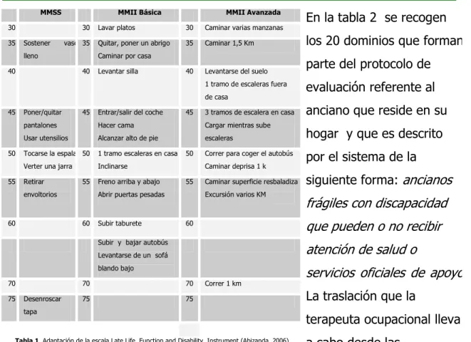 Tabla 1. Adaptación de la escala Late Life  Function and Disability  Instrument (Abizanda, 2006) 