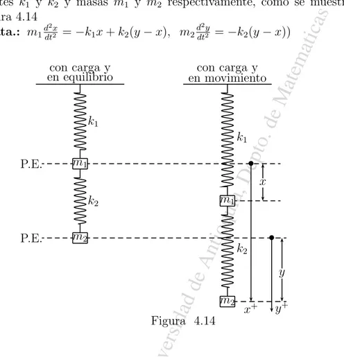 figura 4.14 (Rta.: m 1 d 2 x dt 2 = −k 1 x + k 2 (y − x), m 2 d 2 ydt2 = −k 2 (y − x)) con carga y en equilibrio m 1 m 2 m 2m1 x + y +y••k2k1k1k2xcon carga yen movimientoP.E.P.E