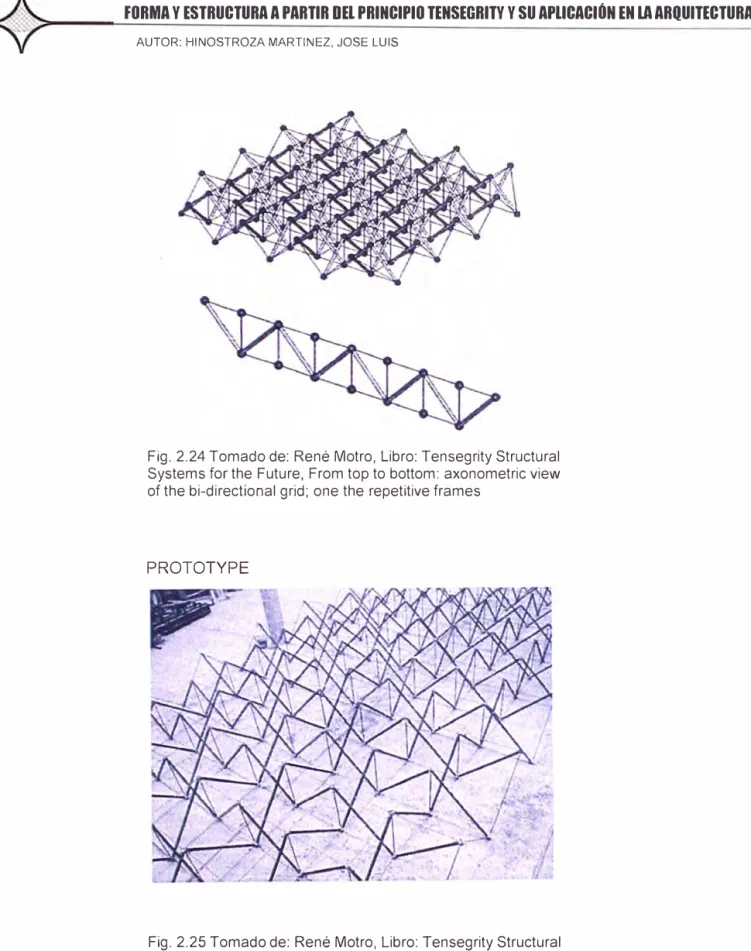 Fig. 2.24 Tomado de: René Motro, Libro: Tensegrity Structural  Systems far the Future, From top to bottom: axonometric view  of the bi-directional grid; one the repetitive frames 