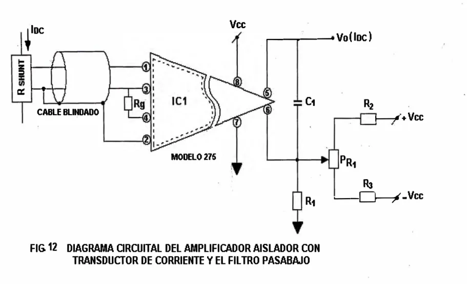 FIG. 12  DIAGRAMA CIRCUITAL DEL AMPLIFICADOR AISLADOR CON  TRANSDUCTOR DE CORRIENTE Y EL FILTRO PASABA.JO 