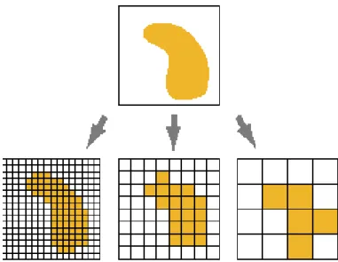Figure 2.3: An example of how a simple polygon feature is read through raster dataset at different resolutions.