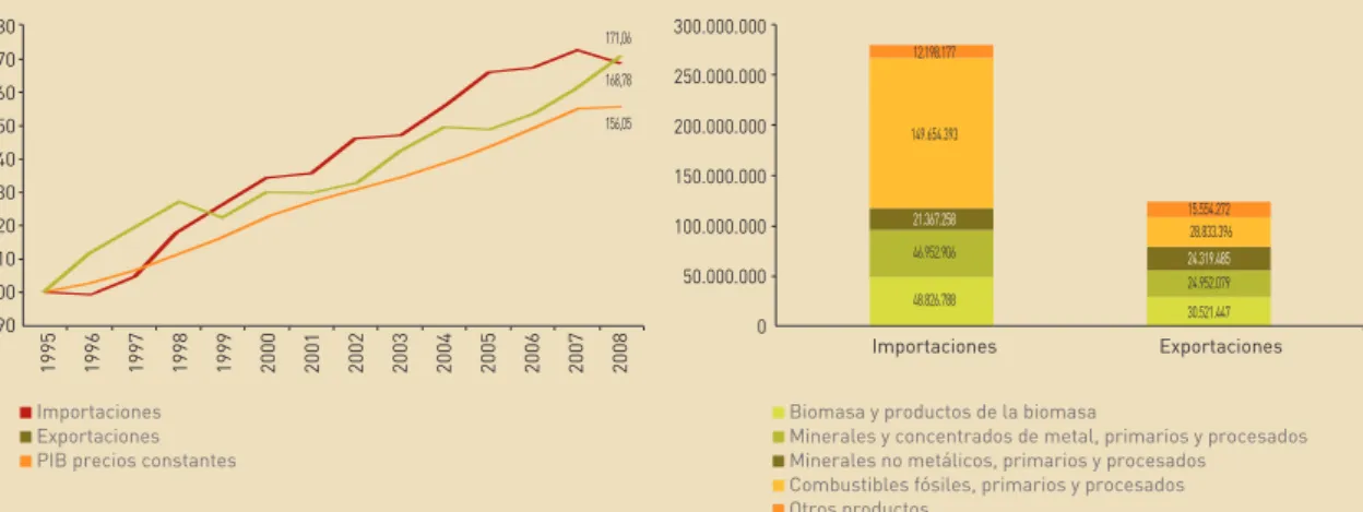 FIGURA 7. Evolución de la relación entre las importaciones y exportaciones de materiales y PIB (índice 1995=100), y sus componentes (toneladas).
