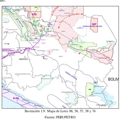 Ilustración 1.9:  Mapa de Lotes 88,  56,  57,  58 y 76  Fuente: PERUPETRO 