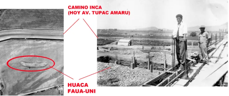 Figura 21. Foto aérea (SAN 1944) mostrando la huaca FAUA-UNI y Arq. Víctor Pimentel G