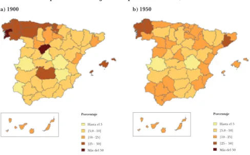 maPa 1.9: Participación de la mujer en la población activa, 1900-1950