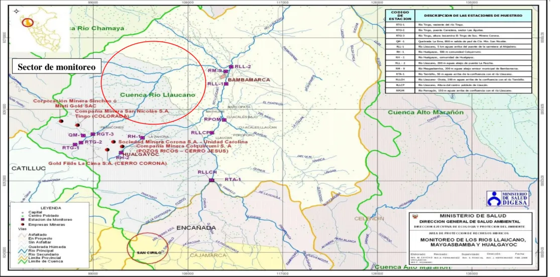 Figura  35.  Puntos  de  monitoreo  de  la  Cuenca  Río  LLaucano  -  Río  Maygasbamba  y  Hualgayoc.(DIGESA.MINSA-RÍO  LLAUCANO  2011) Sector de monitoreo 