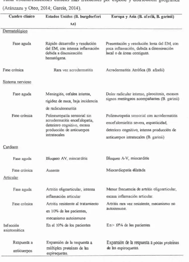 Tabla  6.Manifestaciones  clínicas  más  frecuentes  por  especie  y  distribución  geográfica  (Aránzazu  y  Oteo, 2014; García, 2014)