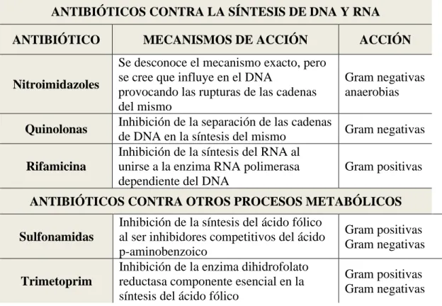 Tabla II. Mecanismos de acción de los antibióticos más utilizados (Continuación)   ANTIBIÓTICOS CONTRA LA SÍNTESIS DE DNA Y RNA 