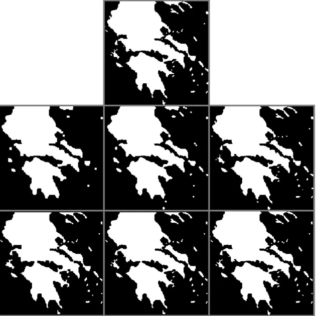 Figura 3.3: 1era fila, imagen binaria; 2da fila, aberturas y 3era fila, cerraduras. Los EE’s por columna, de izq
