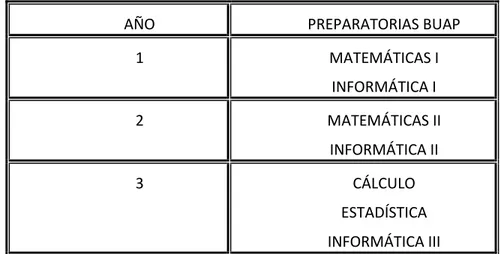 Tabla 3. Materias del área de matemáticas por año de las Preparatorias BUAP 