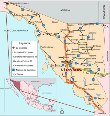 Figura 1.1 Mapa general de ubicación de la mina La Colorada en el estado de Sonora, México