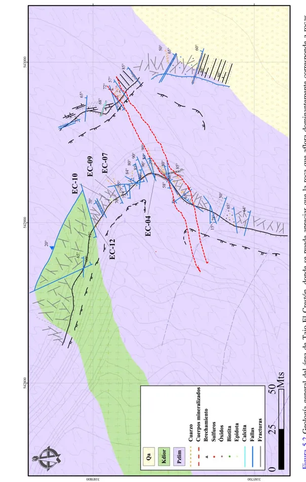 Figura 5.2Geología general del área de Tajo El Crestón, donde se puede apreciar que la roca que aflora dominantemente corresponde a rocas paleozoicas conformadas por limolitas-ortocuarcitas, las cuales fueron afectadas por metamorfismo regional, y posterio