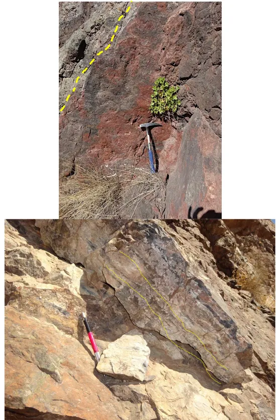 Foto 5.1 Afloramientos de las rocas sedimentarias Paleozoicas en el tajo El Crestón. En la imagen superior, la línea  punteada indica el contacto de un intrusivo con la limolita, encontrándose una recristalización más intensa hacia las  orillas del contact