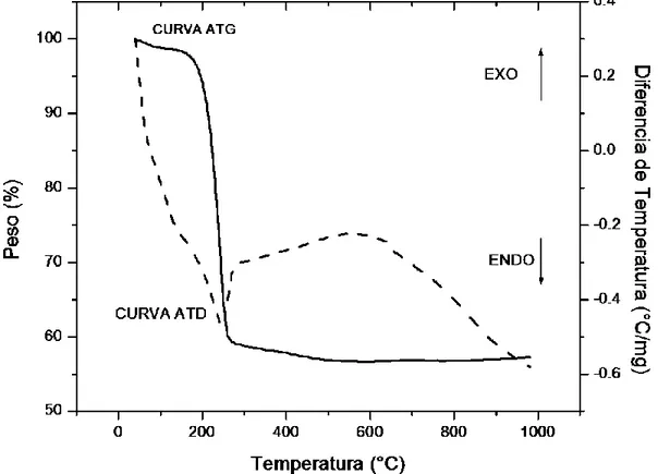 Figura 7. Gráficos de ATG-ATD para el gel seco obtenido a partir de nitrato de calcio y  fosfato de amonio inmersos en agua, tratado térmicamente desde la temperatura 