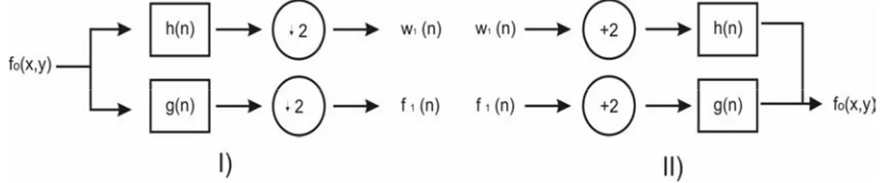 Figura 2.7. (I) Un banco de filtro de análisis de la DWT, (II) Un banco de filtro de síntesis de la DWT inversa