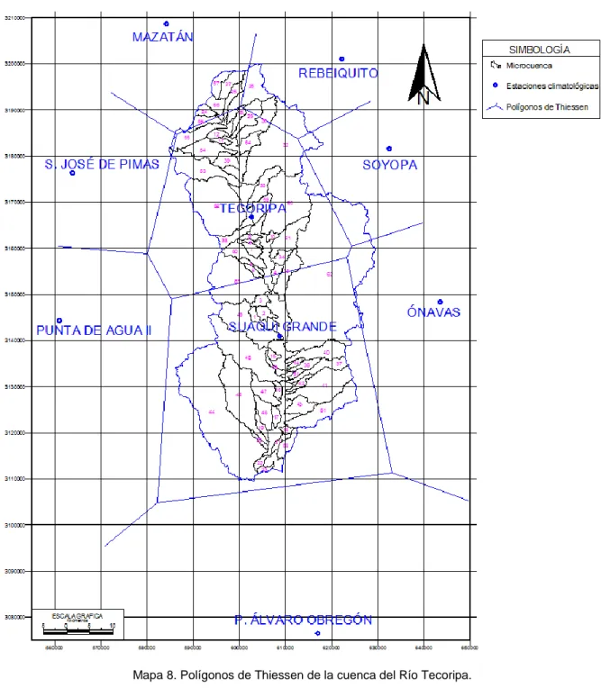 Mapa 8. Polígonos de Thiessen de la cuenca del Río Tecoripa. 