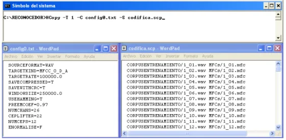 Figura 2.13: Codificaci´on de voz en MFCCs usando la biblioteca HCopy de HTK.