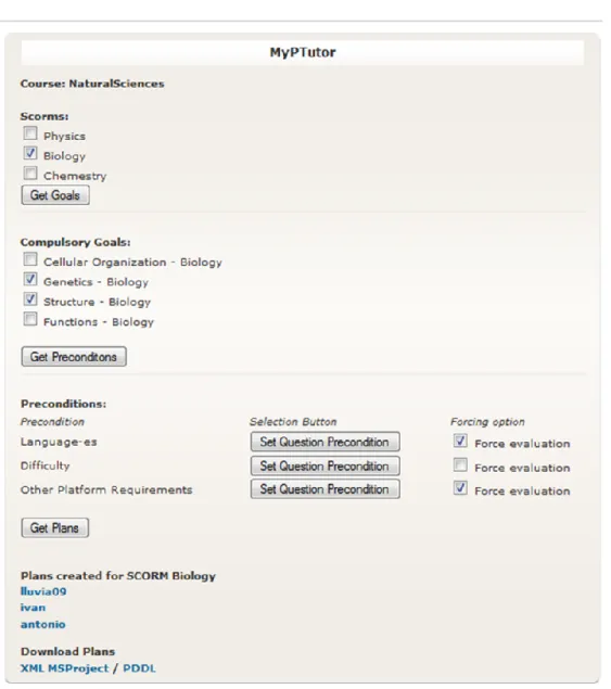 Fig. 4: Interfaz para el Profesor para definir objetivos de aprendizaje y visualizar los  planes de estudio generados en la plataforma Moodle