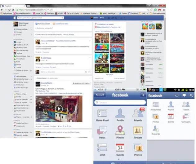 Ilustración 7: Interfaz de usuario de Facebook en navegadores web, en iOS y en Android
