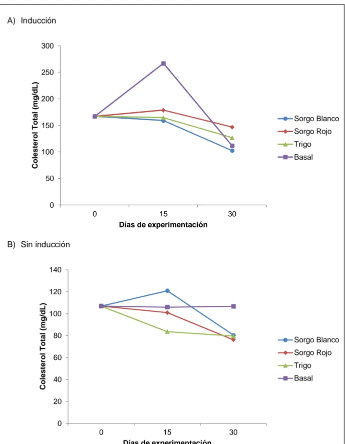Figura  15.  Comportamiento  de  colesterol  total  con  respecto  al  tiempo en  las  diferentes  dietas  experimentales para los tratamientos con inducción (A) y sin inducción (B)
