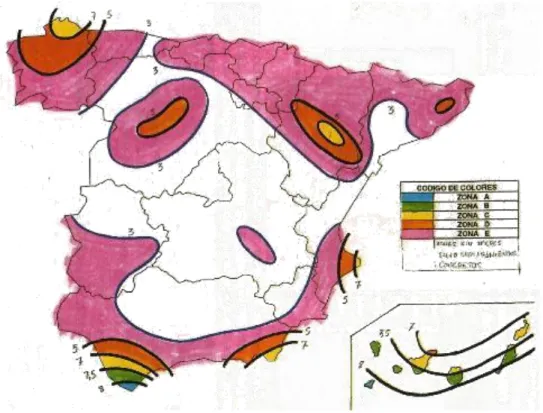 Figura 1.24. Mapa eólico nacional (zonas de distinto potencial) (m/s). 