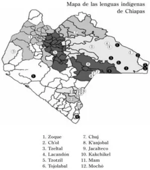 Mapa 5. Distribución espacial en Chiapas de las lenguas originarias.  