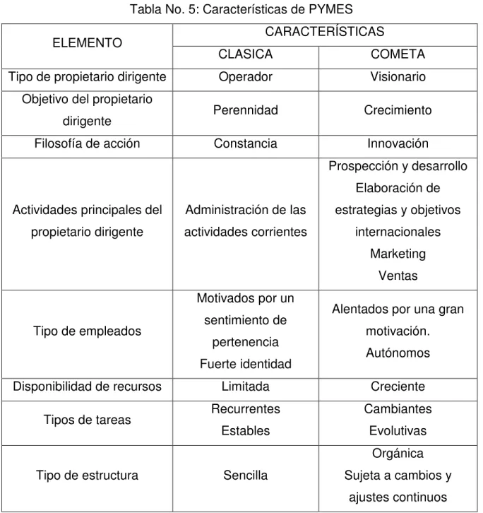 Tabla No. 5: Características de PYMES 