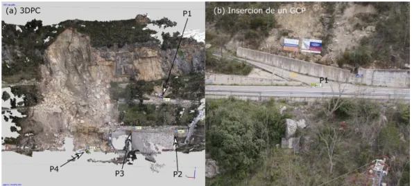Fig. 4. (a) Nube de puntos generada con el software Agisoft Photoscan Professional Edition, con  cuatro GCP insertados (P1 a P4); (b) Imagen adquirida con el RPAS en el que se ha insertado un 