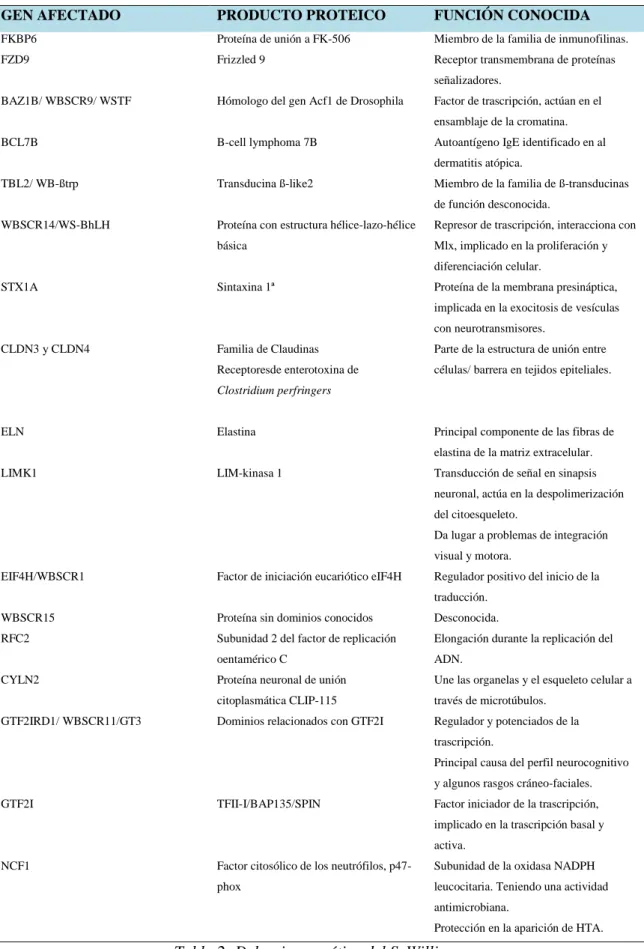 Tabla 2: Deleccion genética del S. Williams 