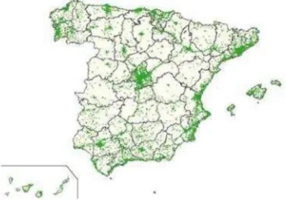 Figure 3. Areas with 3G coverage in Spain (Cuadrat, 2012) 
