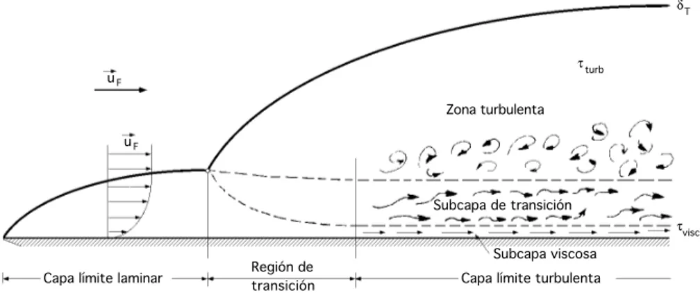Fig XIII.1.- Subcapas de la capa límite térmica en régimen turbulento
