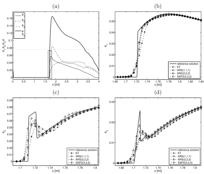 Figure 2.8: Example 2.3: (a) reference solution (scheme KT, M ref = 12800), (b, c, d) enlarged views of reference solution and numerical solutions for individual species for KT and IMEX schemes with M = 800, at simulated time T = 0.2 h.
