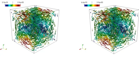 Figure 6.2: Example 2: Approximate (left) and exact (right) velocity vector fields, with h = 0.079.