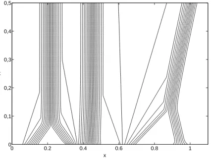 Figure 1.6: Example 4: Contour lines of the numerical approximation of v for ∆x = 0.001.