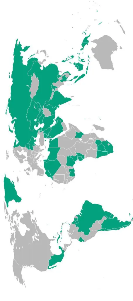 Mapa 5.7. Países beneficiarios del Régimen general durante el período 2002-2005 Fuente: Elaboración propia a partir del Anexo I del Reglamento (CE) nº 2501/2001 del Consejo, de 10 de diciembre de 2001, y sus modificaciones posteriores.