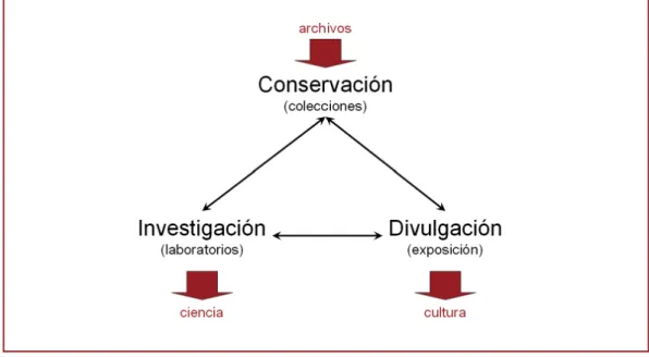 Figura 1. Un museo necesita tres componentes, que se integran y se complementen: conservación,  investigación, y divulgación