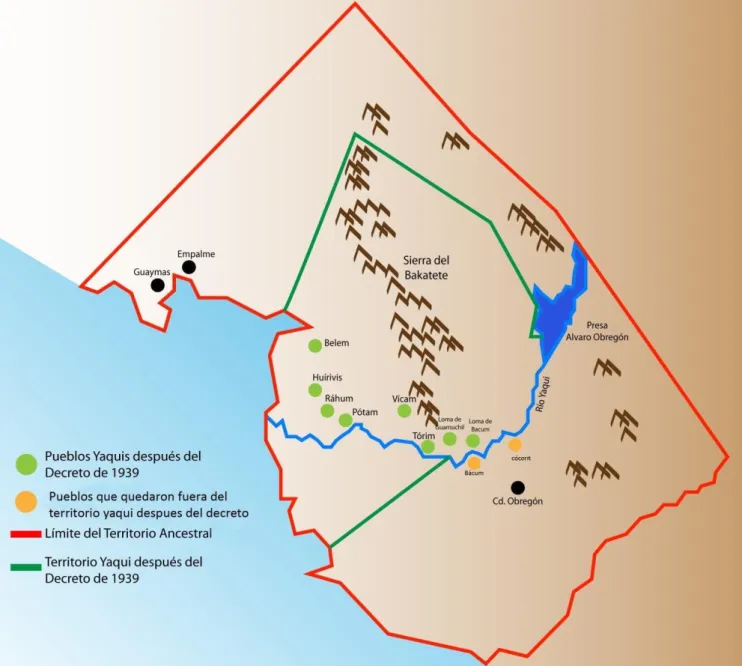 Mapa del territorio yaqui ancestral y actual en donde muestra la ubicación de los ocho pueblos  yaquis antes y después del decreto cardenista de 1939