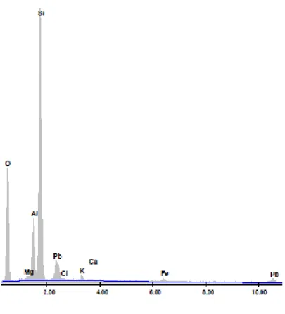Fig. 3.4. Composición química; Zeolita natural clinoptilolita con plomo al 0.1M.   