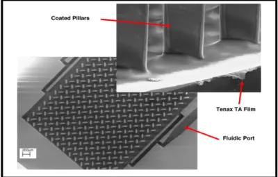 Figure 9: SEM micrograph showing the structure of the μPC. Inset shows the uniformity of the inkjet coating of  Tenax TA [78] 