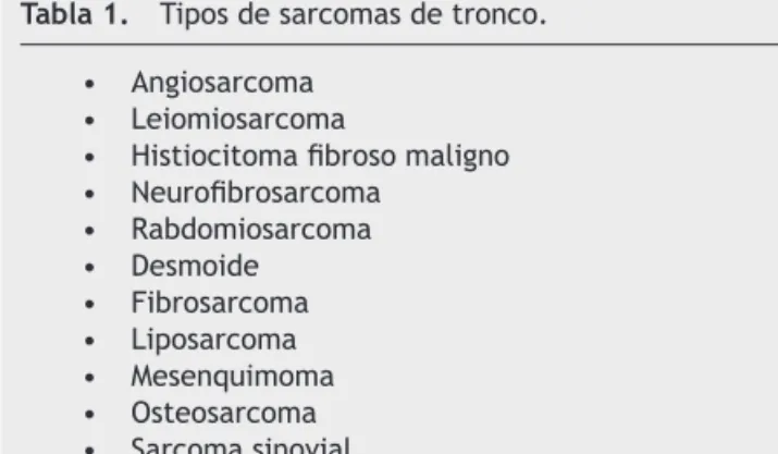 Tabla 1.  Tipos de sarcomas de tronco.