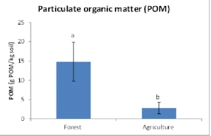 Figure 8. Effect of deforestation and crop establishment on particulate organic matter  (POM)  (g/kg  of  soil)  for  topsoil  horizons  (0-15  cm),  and  the  standard  deviations