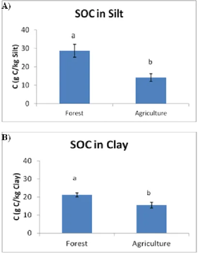 Figure 16. Effect of deforestation and crop establishment for topsoil horizons (0-15 cm)  on  soil  organic  carbon  (SOC)  of  the  Silt  and  Clay  fractions  A)  and  B)  respectively,  and  the  standard  deviations
