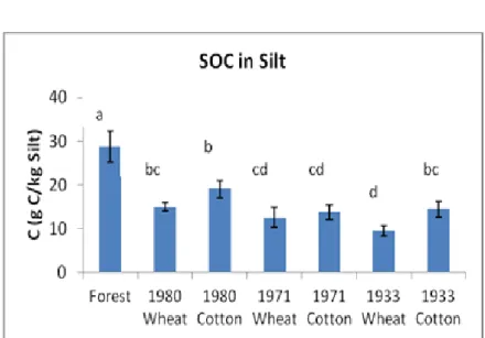 Figure 19. Soil organic Carbon concentrations of the Silt fraction obtained in the  studied plots, the comparison among the treatments and the standard  deviations (different letters indicate significant differences between  categories, p<0.05)
