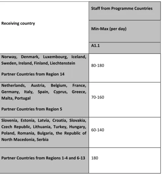 Table A – Individual support (amounts in euro per day)  