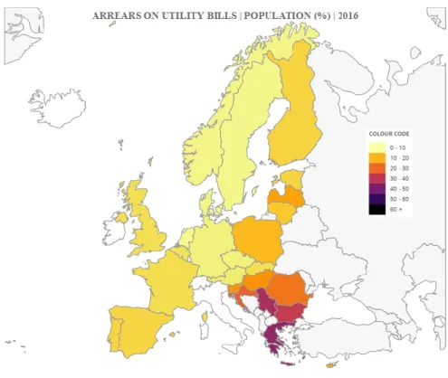 Figure 5 Map of 'Arrears on utility bills'. Data source: EU-SILC 2016 
