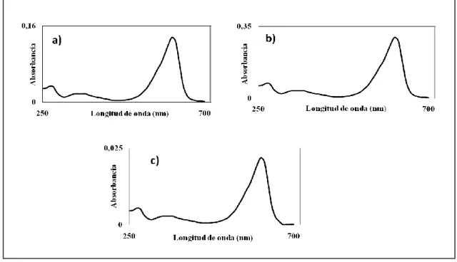 Figura  10.  Barrido  espectral  de  fracciones  obtenidas  por  HPLC,  a)  Fracción  1  HPLC,  b)  Fracción 2 HPLC y c) Fracción 3 HPLC