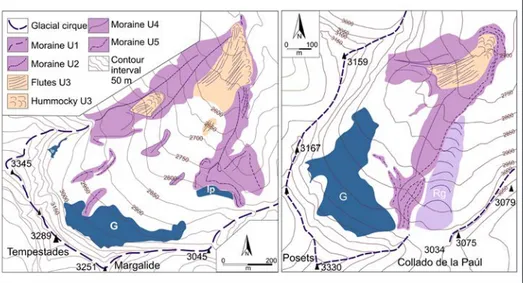 Figure 7. Glacio-geomorphological sketch of Tempestades (Maladeta massif) (left) and La Paúl  (Posets massif) (right)